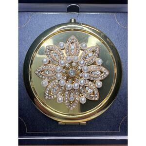 Vintage Monet Gold Compact Mirror w/ Pearl & Rhinestone Floral Design